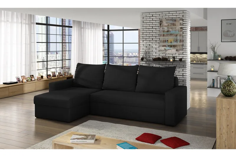 Eguino Venstre Hjørnesovesofa 125x195 cm med Oppbevaring i Stoff, Svart