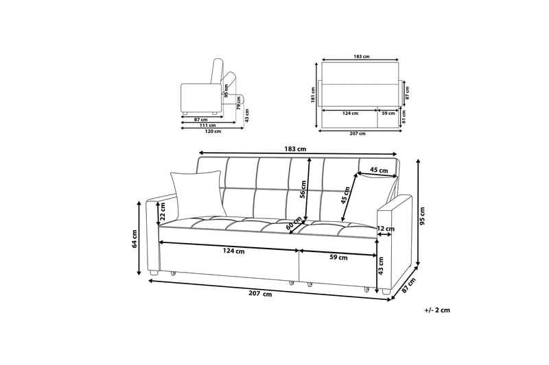 Glomma 3-seter Uttrekkbar Sovesofa 181x207 cm i Stoff - Grå - Møbler - Sofaer - Sovesofaer - 3 seters sovesofa