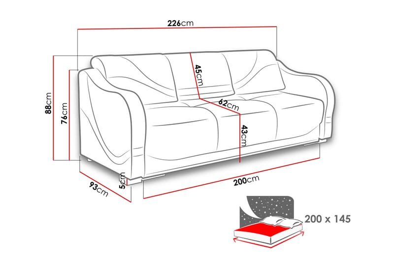 Karmen Sovesofa 226x93x88 cm - Møbler - Sofaer - Sovesofaer - 3 seters sovesofa