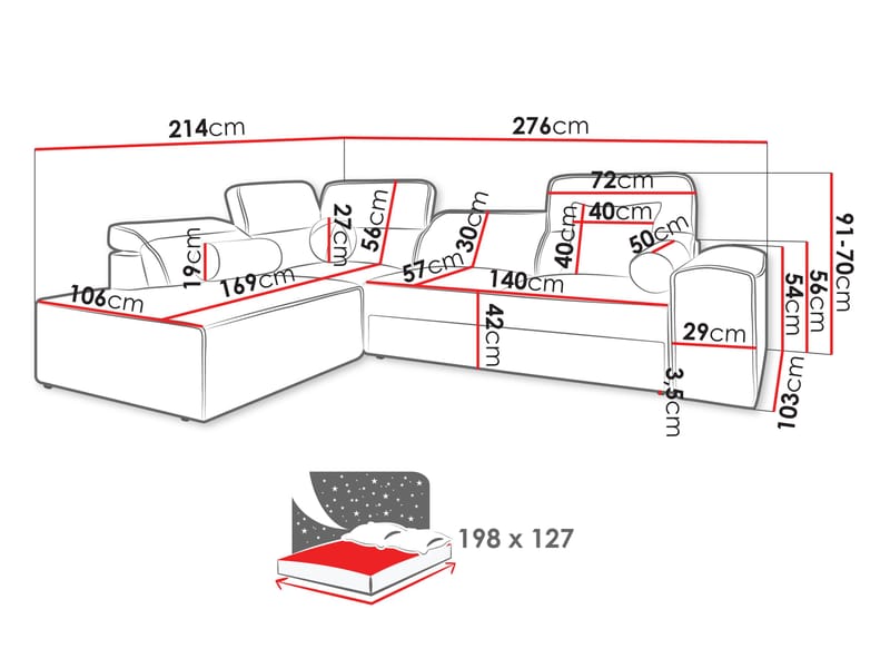 3-seters sovesofa med sjeselong VITO Velo 636 Venstrevendt - svart - Møbler - Sofaer - Sovesofaer - Hjørnesovesofa