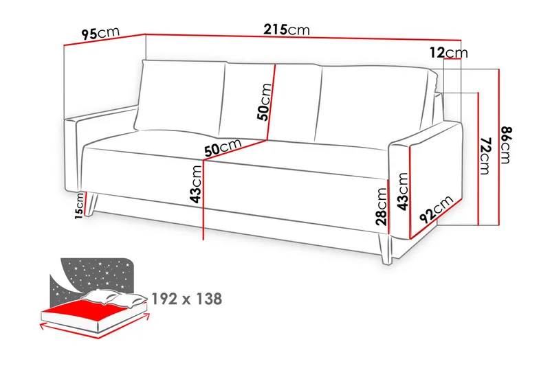 Oviedo Sovesofa 215x95x86 cm - Møbler - Sofaer - Sovesofaer - 3 seters sovesofa