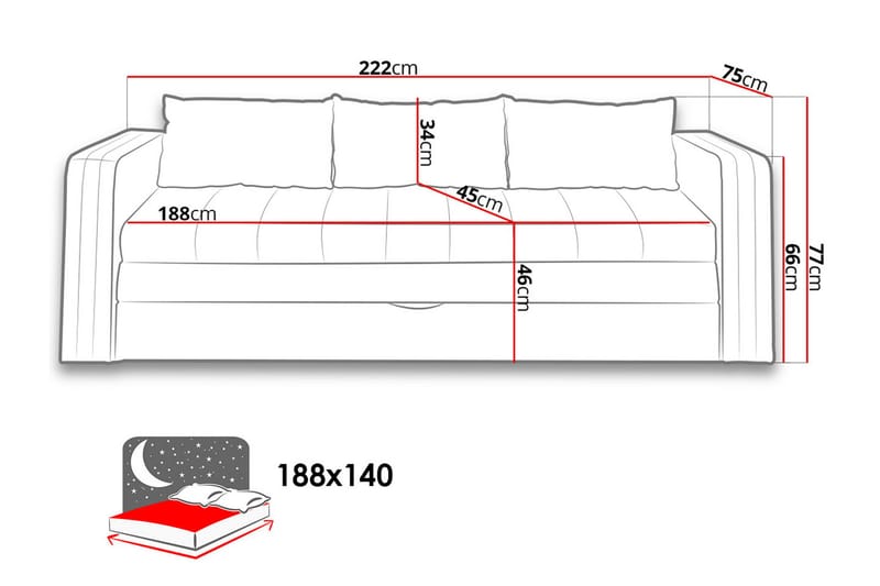 Sofa Euforia 222x75x71 cm - 3 seters sovesofa