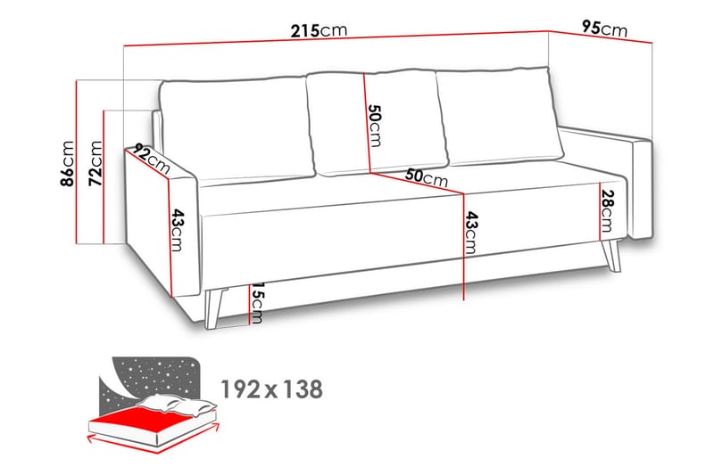 Sofa Oviedo 95x215 cm - Grå - 3 seters sovesofa