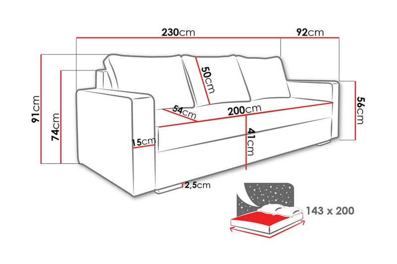 Sovesofa Beno 230x92x91 cm - 3 seters sovesofa