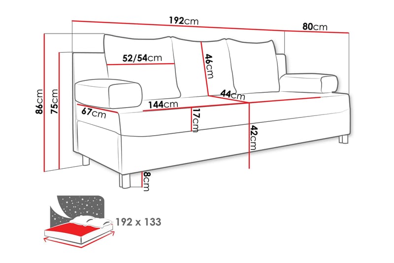 Sovesofa Dover 192x80x80 cm - Møbler - Sofaer - Sovesofaer - 3 seters sovesofa