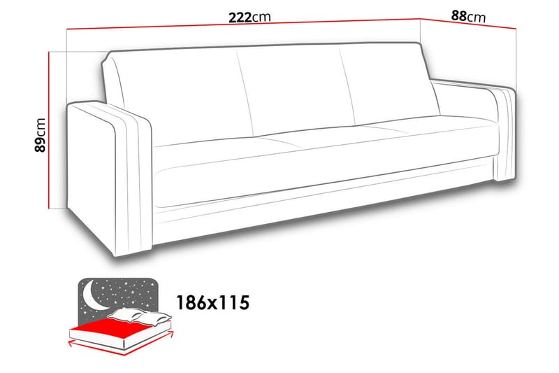 Sovesofa Euforia 222x88x89 cm - 3 seters sovesofa