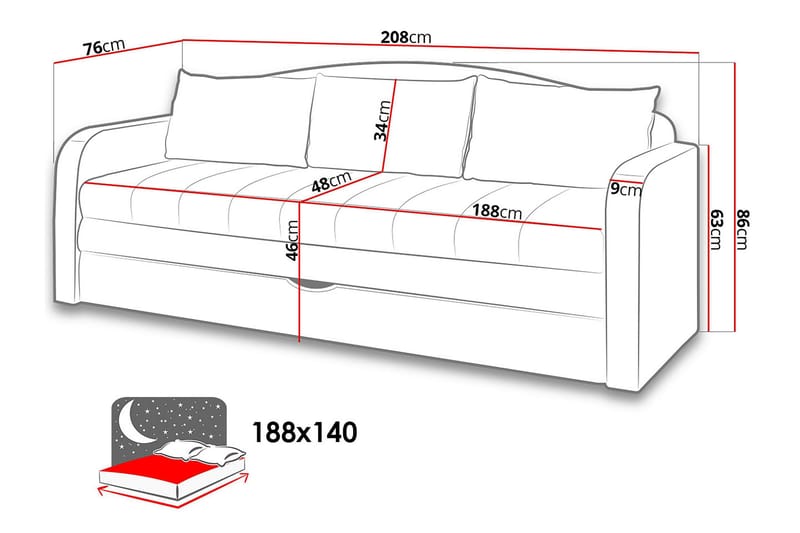 Tenus Sovesofa 208x76x86 cm - Møbler - Sofaer - Sovesofaer - 3 seters sovesofa