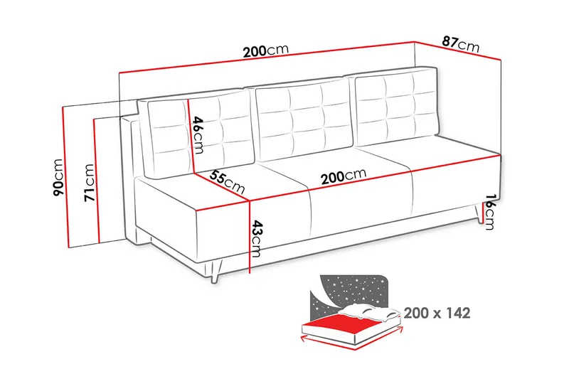 Bella Sovesofa 200x87x90 cm - Møbler - Sofaer - Sovesofaer - 4 seters sovesofa