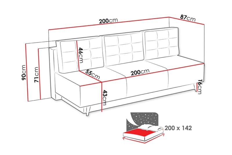 Bella Sovesofa 200x87x90 cm - Møbler - Sofaer - Sovesofaer - 4 seters sovesofa