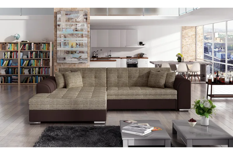 Falseti Venstrevendt L-formet Sovesofa 126 cm i Stoff og Skinn, Beige|Brun