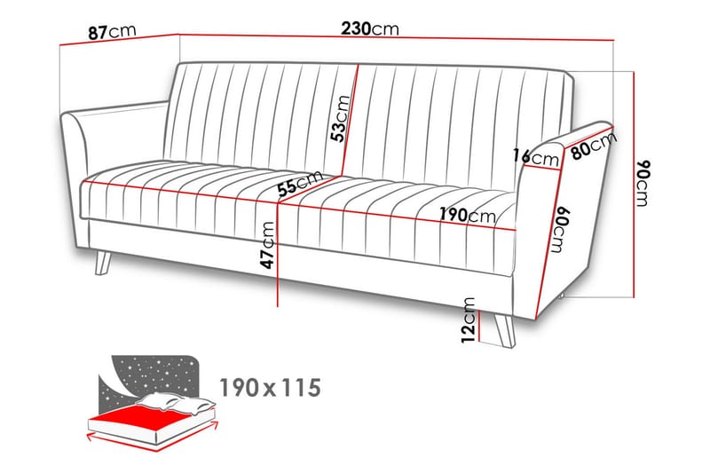 Rigberg 3-seter Kanalsydd Dyp Sovesofa med Oppbevaring i Stoff - Grå - Møbler - Sofaer - Sovesofaer - 4 seters sovesofa