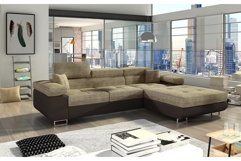 Sovesofa Kelestin med Divan Høyre - Beige/Brun - 4 seters sovesofa