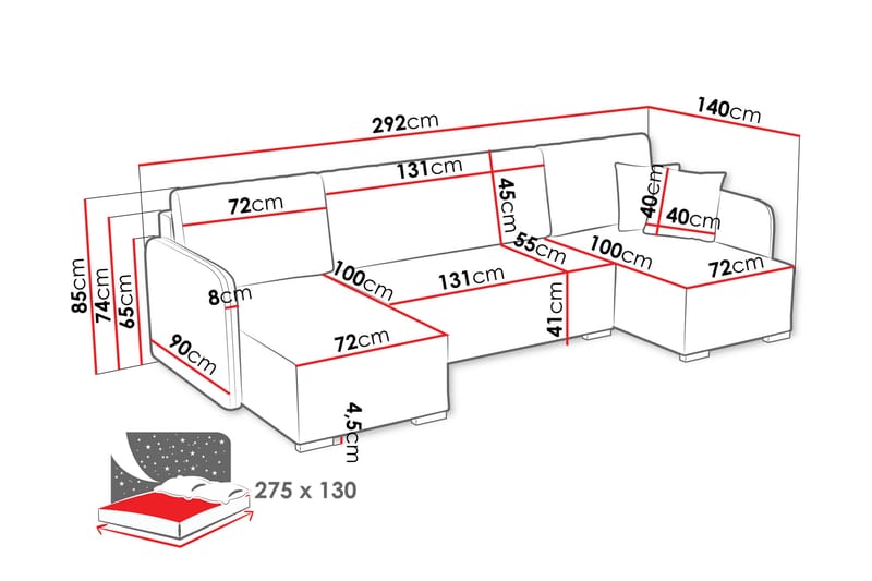 Amelus Sovesofa Dobbel Divan 4-Seter - Møbler - Sofaer - Sovesofaer - U sovesofa