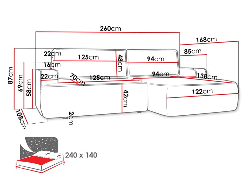 Avignon Sovesofa med sjeselong 3-seter - Beige - Møbler - Sofaer - Sovesofaer - Sovesofa divan