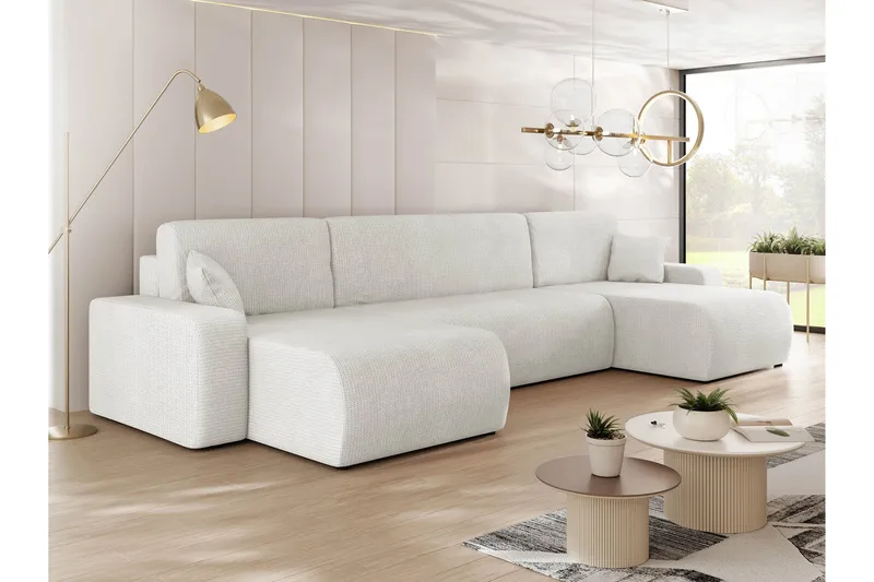 Barile Sovesofa med Dobbel Sjeselong 4-seter i Plysj - Hvit - Møbler - Sofaer - Sovesofaer - U sovesofa