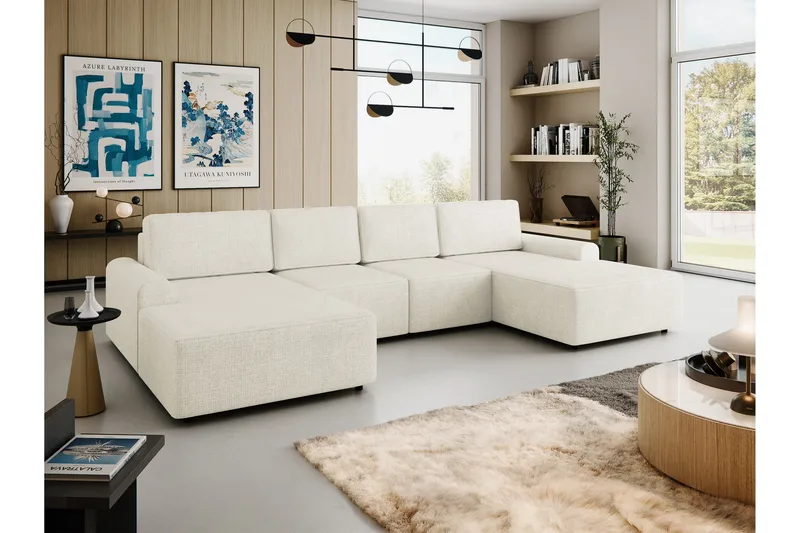 Bella Sovesofa med Dobbel Sjeselong 4-seter i Plysj - Beige - Møbler - Sofaer - Sovesofaer - U sovesofa
