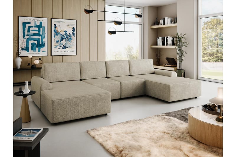 Bella Sovesofa med Dobbel Sjeselong 4-seter i Plysj - Beige - Møbler - Sofaer - Sovesofaer - U sovesofa