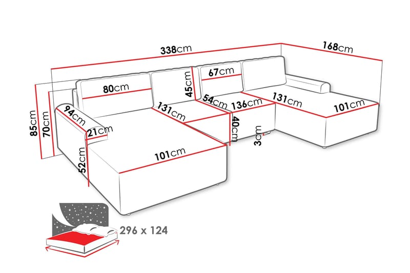 Bella Sovesofa med Dobbel Sjeselong 4-seter i Plysj - Beige - Møbler - Sofaer - Sovesofaer - U sovesofa