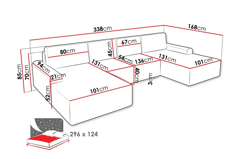 Bella Sovesofa med Dobbel Sjeselong 4-seter i Plysj - Grå - Møbler - Sofaer - Sovesofaer - U sovesofa