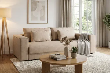 Bergen Ekstra dyp 3-seters sovesofa med overmadrass i memoryskum og vaskbart trekk - Beige stoff - Møbler - Sofaer - Sovesofaer - 3 seters sovesofa