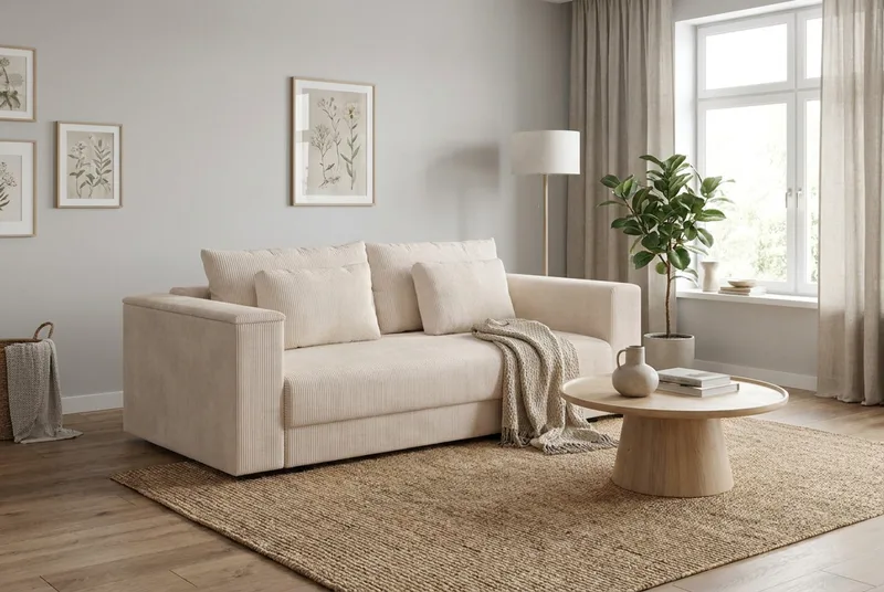 Bergen Ekstra dyp 3-seters sovesofa med overmadrass i polyeterskum og vaskbart trekk - Beige manchester - Møbler - Sofaer - Sovesofaer - 3 seters sovesofa