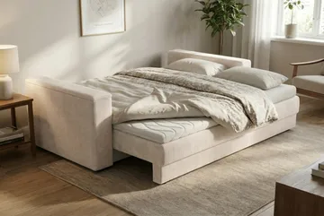 Bergen Ekstra dyp 3-seters sovesofa med overmadrass i polyeterskum og vaskbart trekk - Beige manchester - Møbler - Sofaer - Sovesofaer - 3 seters sovesofa