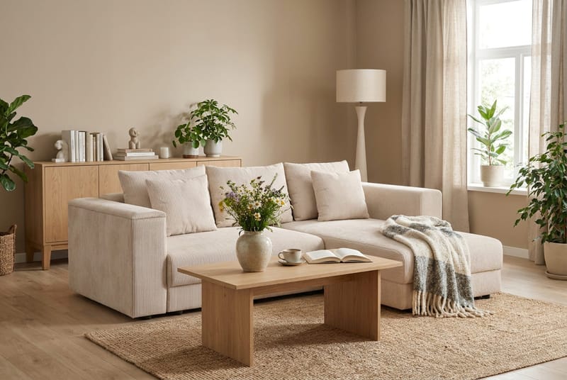 Bergen Ekstra dyp fremoveruttrekkbar 3-seters sovesofa med divan og overmadrass i polyeterskum, vendbar sommer- og vinterside og vaskbart trekk - Beige manchester - Møbler - Sofaer - Sovesofaer - Sovesofa divan