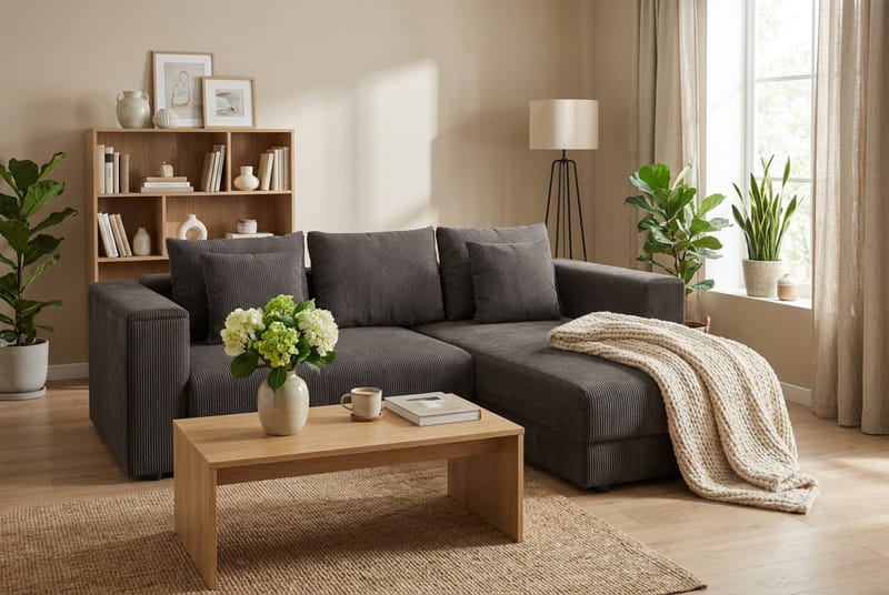 Bergen Ekstra dyp fremoveruttrekkbar 3-seters sovesofa med divan og overmadrass i polyeterskum, vendbar sommer- og vinterside og vaskbart trekk - Brun manchester - Møbler - Sofaer - Sovesofaer - Sovesofa divan