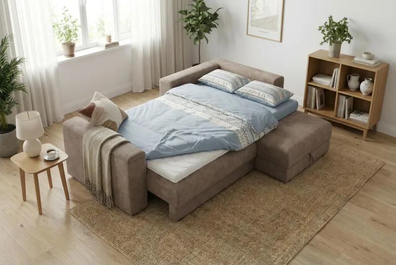 Bergen Ekstra dyp fremoveruttrekkbar 3-seters sovesofa med divan og overmadrass i polyeterskum, vendbar sommer- og vinterside og vaskbart trekk - Beige stoff - Møbler - Sofaer - Sovesofaer - Sovesofa divan