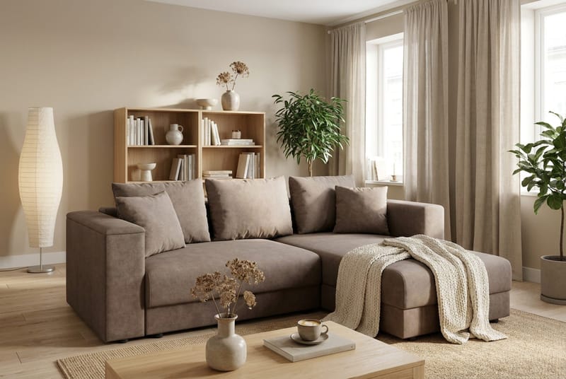 Bergen Ekstra dyp fremoveruttrekkbar 3-seters sovesofa med divan og overmadrass i polyeterskum, vendbar sommer- og vinterside og vaskbart trekk - Beige stoff - Møbler - Sofaer - Sovesofaer - Sovesofa divan
