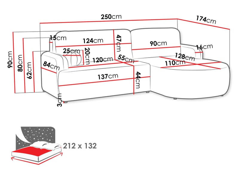 Branrel 3-seters sofa med divan - hvit - Møbler - Sofaer - Sovesofaer - Hjørnesovesofa