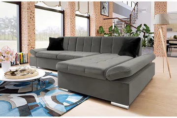Branstad Hjørnesovesofa Høyrevendt 129x240 cm med Oppbevaring i Fløyel - Grå - Møbler - Sofaer - Sovesofaer - Langsgående sovesofa
