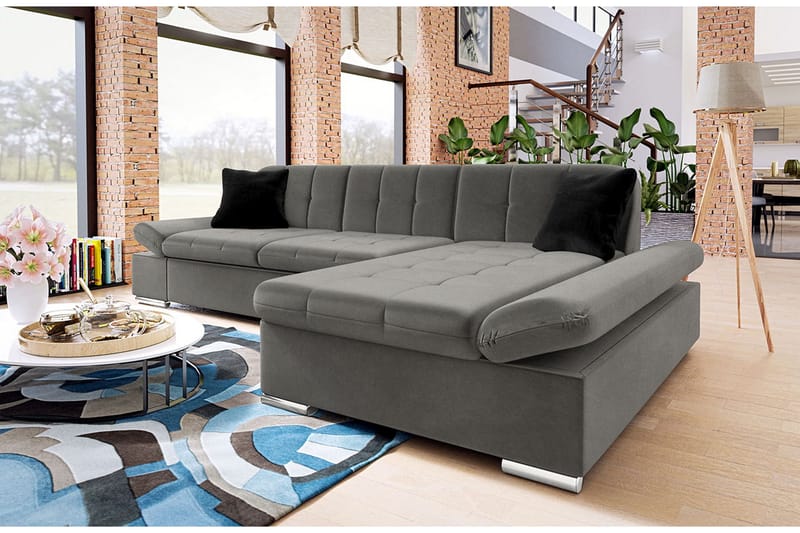 Branstad Hjørnesovesofa Høyrevendt 129x240 cm med Oppbevaring i Fløyel - Grå - Møbler - Sofaer - Sovesofaer - Langsgående sovesofa
