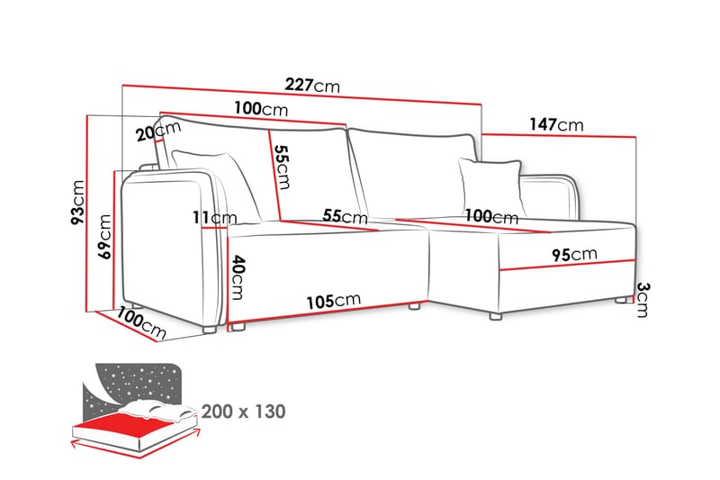 Chandru Sovesofa med Sjeselong 3-seter - Svart - Møbler - Sofaer - Sovesofaer - Sovesofa divan