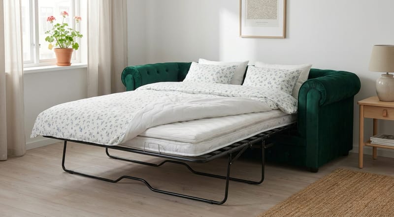 Chesterfield Lyx 3-seters framoverutslått sovesofa med HVILA overmadrass 140x200 cm memoryskum med vaskbart trekk - Grønn - Møbler - Sofaer - Sovesofaer - Forovervendt sovesofa