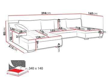 Cillo 5-seters U-formet sovesofa med dobbeltdivan - rosa - Møbler - Sofaer - Sovesofaer - Hjørnesovesofa