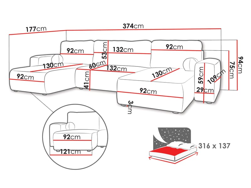 Elvior 5-seters U-formet sovesofa med dobbeltdivan - rosa - Møbler - Sofaer - Sovesofaer - Hjørnesovesofa