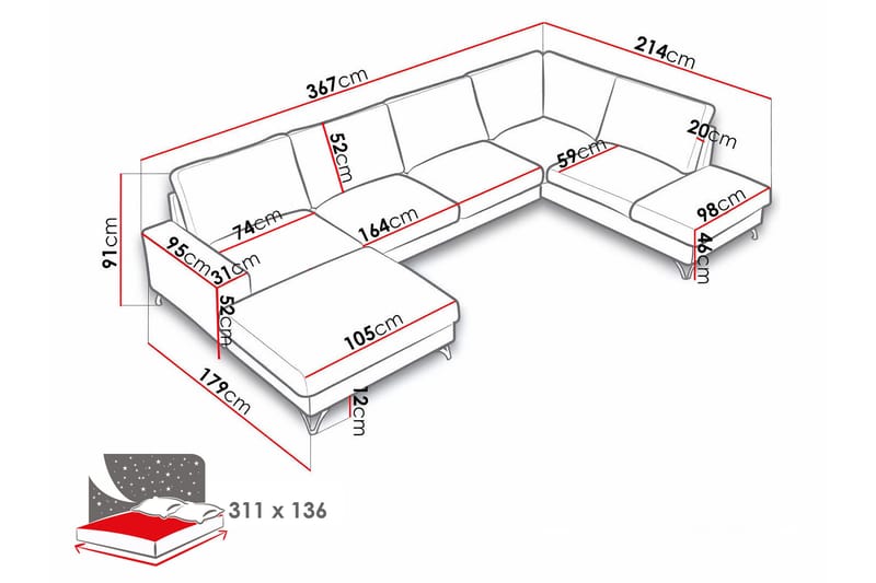 Emet Sovesofa med Divan og Sjeselong 5-seter - Hvit - Møbler - Sofaer - Sovesofaer - Langsgående sovesofa