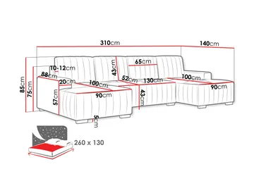 Esher Sovesofa med Dobbel Sjeselong 4-seter i Plysj - Grå - Møbler - Sofaer - Sovesofaer - U sovesofa