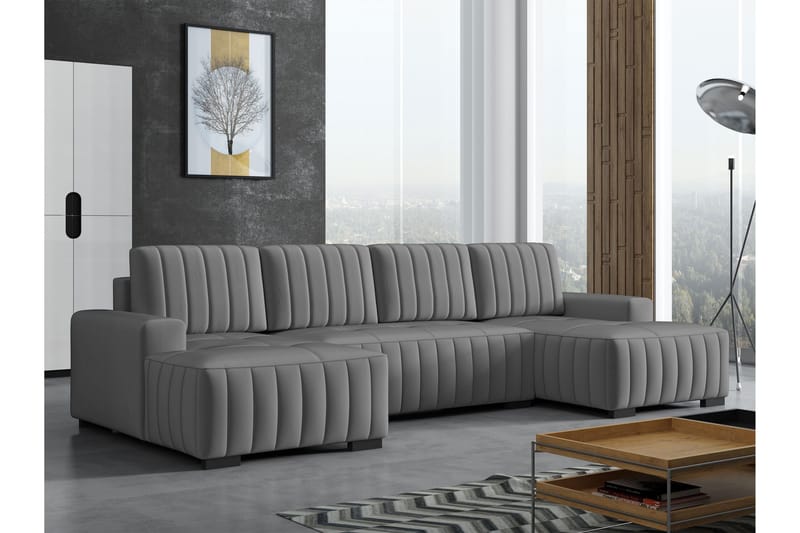 Esher Sovesofa med Dobbel Sjeselong 4-seter i Plysj - Mørkegrå - Møbler - Sofaer - Sovesofaer - U sovesofa