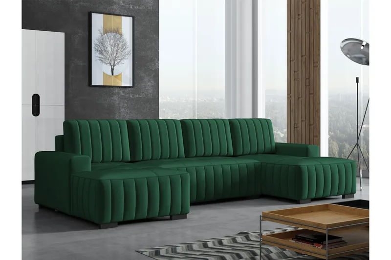 Esher Sovesofa med Dobbel Sjeselong 4-seter i Plysj - Grønn - Møbler - Sofaer - Sovesofaer - U sovesofa