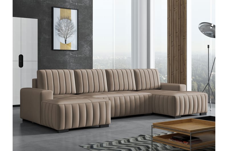 Esher Sovesofa med Dobbel Sjeselong 4-seter i Plysj - Beige - Møbler - Sofaer - Sovesofaer - U sovesofa