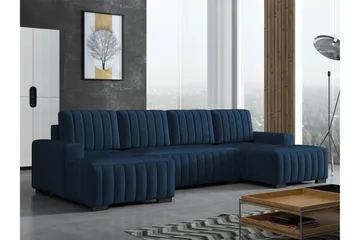 Esher Sovesofa med Dobbel Sjeselong 4-seter i Plysj - Marineblå - Møbler - Sofaer - Sovesofaer - U sovesofa