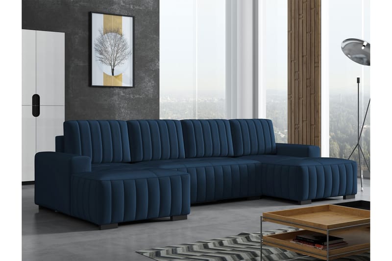 Esher Sovesofa med Dobbel Sjeselong 4-seter i Plysj - Marineblå - Møbler - Sofaer - Sovesofaer - U sovesofa