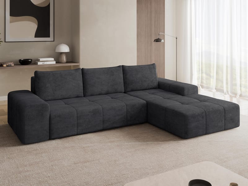 Falor 3-seters sovesofa med sjeselong høyre og oppbevaring - Svart - Møbler - Sofaer - Sovesofaer - Hjørnesovesofa
