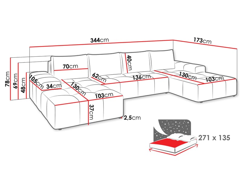 Falor 5-seters U-formet sovesofa - blå - Møbler - Sofaer - Sovesofaer - Hjørnesovesofa