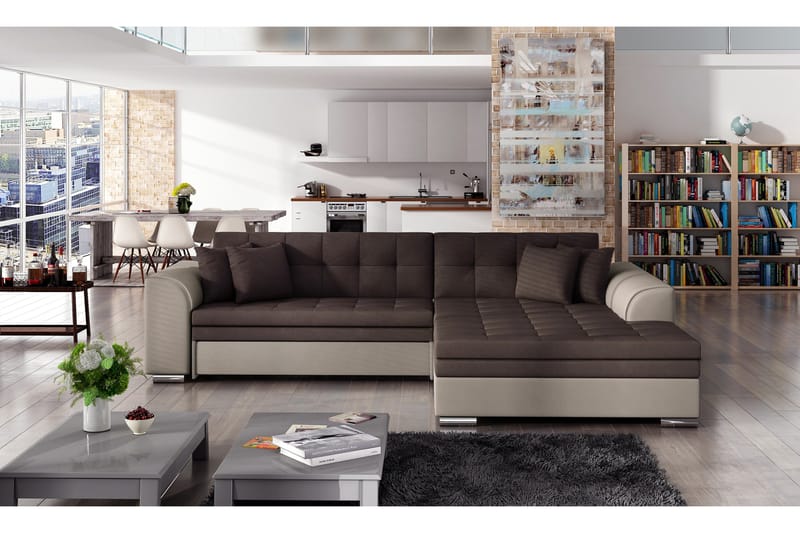 Falseti 3-seter Venstrevendt L-formet Sovesofa 126 cm i Plysj, Brun|Beige