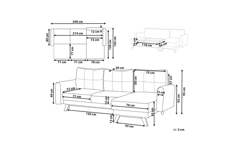 Faustin Hjørnesovesofa 3-seter - Grå/Lyst tre - Møbler - Sofaer - Sovesofaer - Hjørnesovesofa