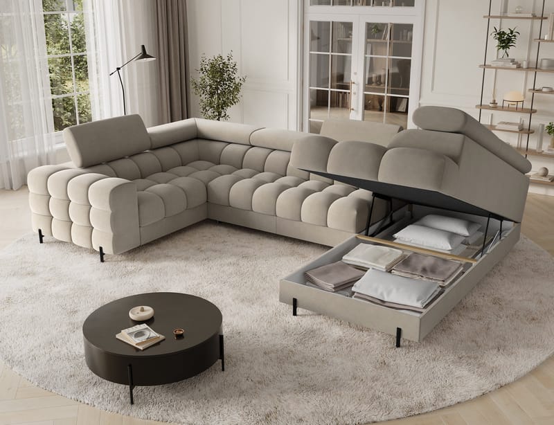 Fectory 6-seters Bubblig hjørnesovesofa med sjeselong og oppbevaring Høyre - Aura 18 - Møbler - Sofaer - Sovesofaer - Hjørnesovesofa