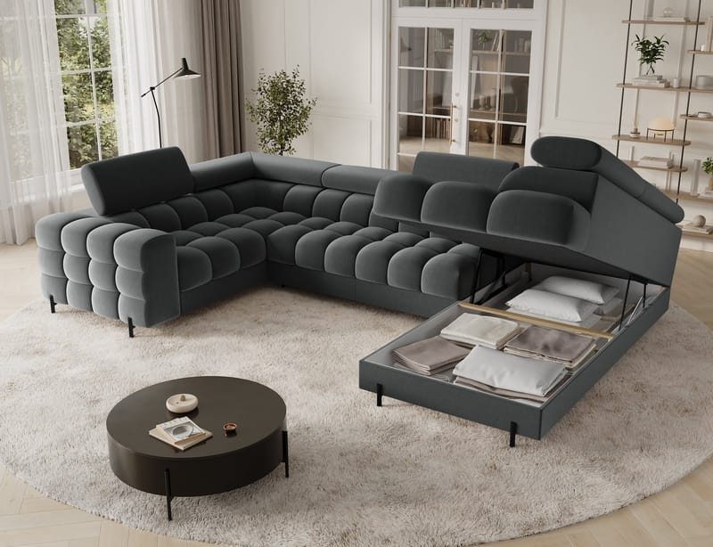 Fectory 6-seters Bubblig hjørnesovesofa med sjeselong og oppbevaring Høyre - Sola 06 - Møbler - Sofaer - Sovesofaer - Hjørnesovesofa